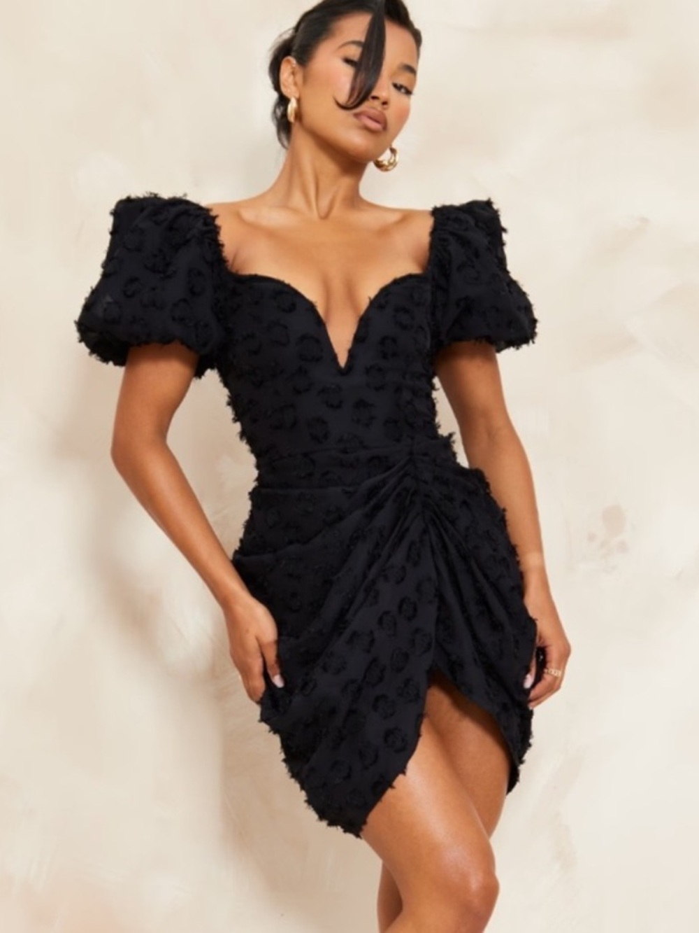 PrettyLittleThing Black Textured Puff Sleeve Mini Dress